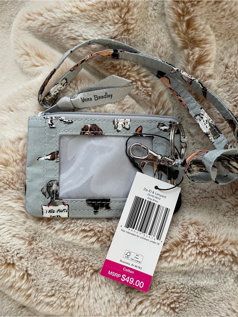 Vera Bradley Light Gray Dog Print ID Holder with Lanyard